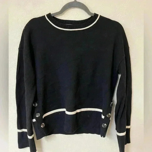 Black Sweater Cream Trim Button Detail Sweater size small - Picture 1 of 6